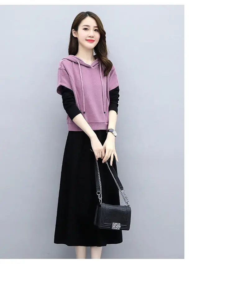 Women's 2-Piece Skirt Set Green Black Long Sleeve Hoodie — feature 14