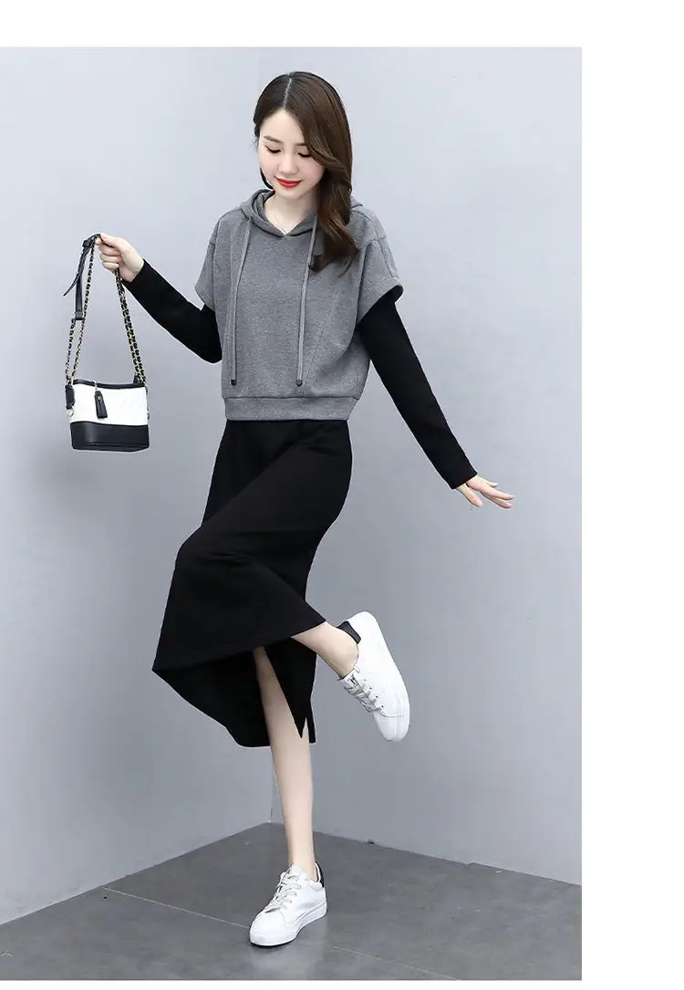 Women's 2-Piece Skirt Set Green Black Long Sleeve Hoodie — feature 20