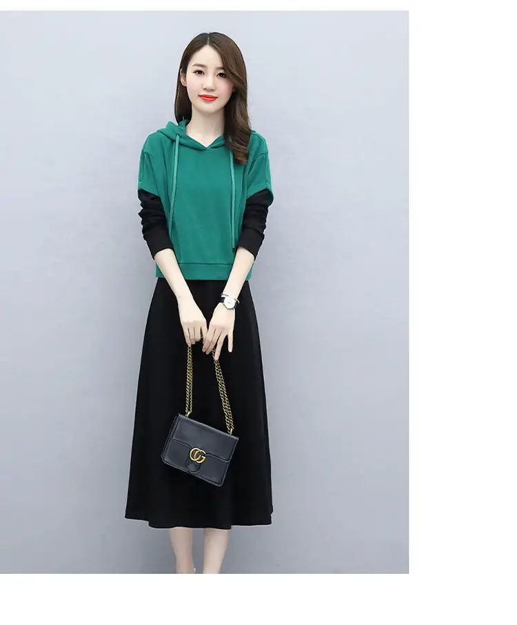 Women's 2-Piece Skirt Set Green Black Long Sleeve Hoodie — feature 23