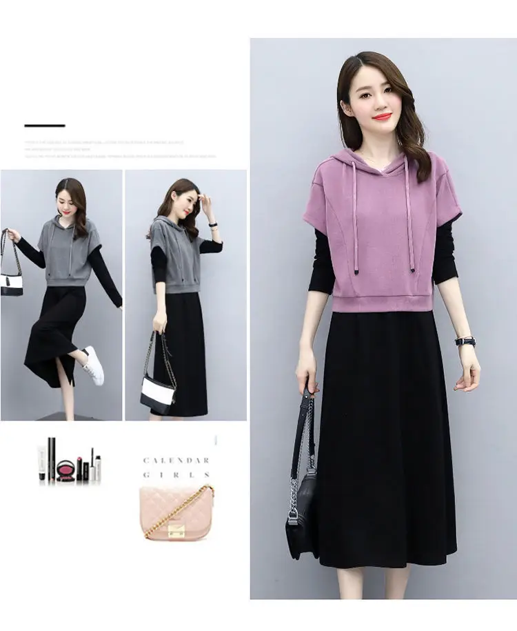 Women's 2-Piece Skirt Set Green Black Long Sleeve Hoodie — feature 3