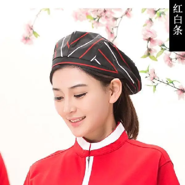 Male White Striped Kitchen Hat Adjustable Beret - Image 5