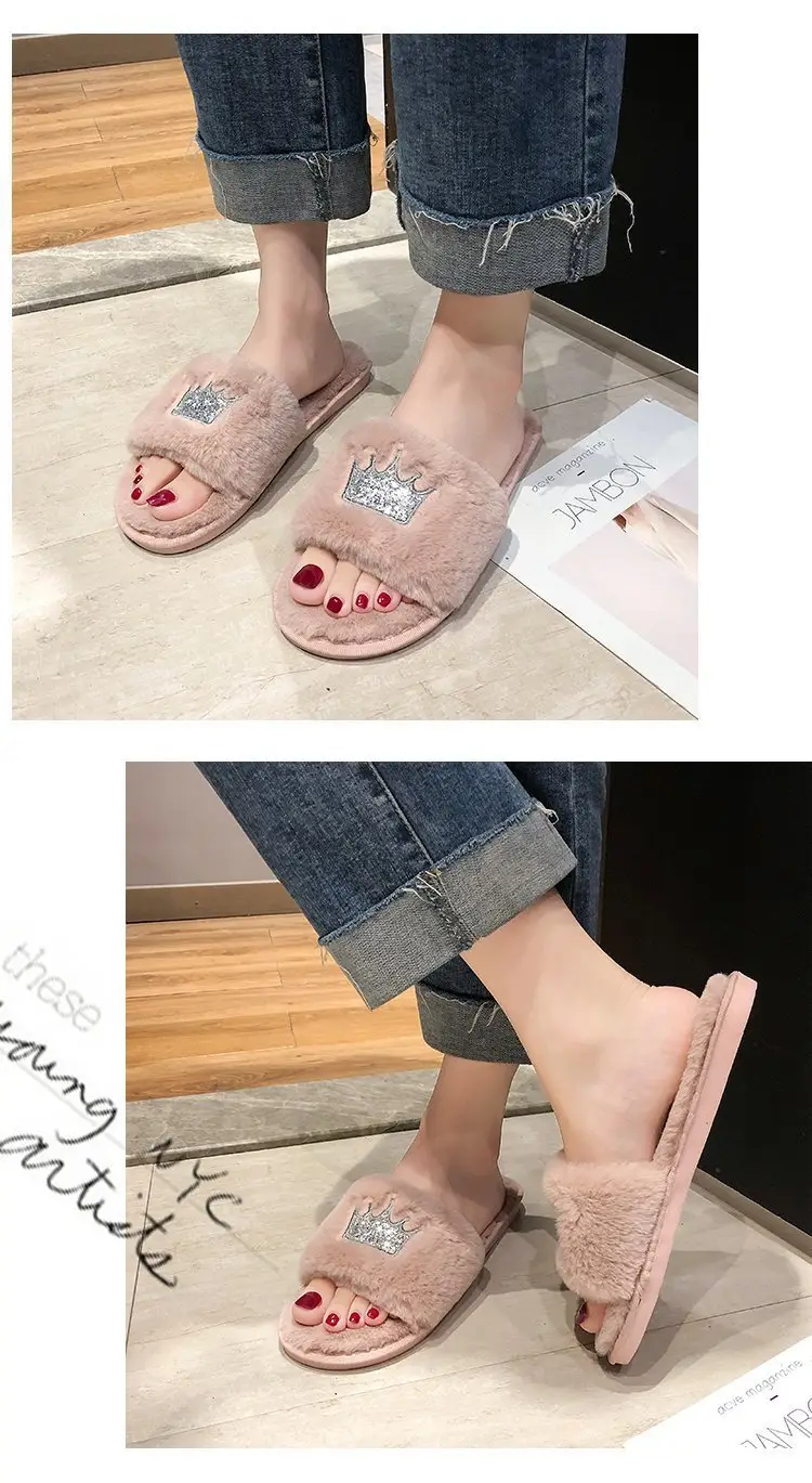 Mao Mao slippers women autumn and winter new indoor and outdoor cotton slippers flat crown warm casual women's shoes wholesale — feature 4