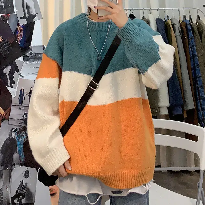 Autumn Winter Knitted Sweater for Boys Color Block Harajuku Style - Image 5