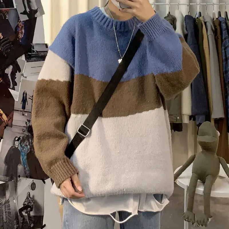 Autumn Winter Knitted Sweater for Boys Color Block Harajuku Style - Image 6