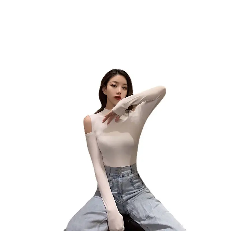 Women's Off-shoulder Cotton Long Sleeve T-Shirt White - Image 7