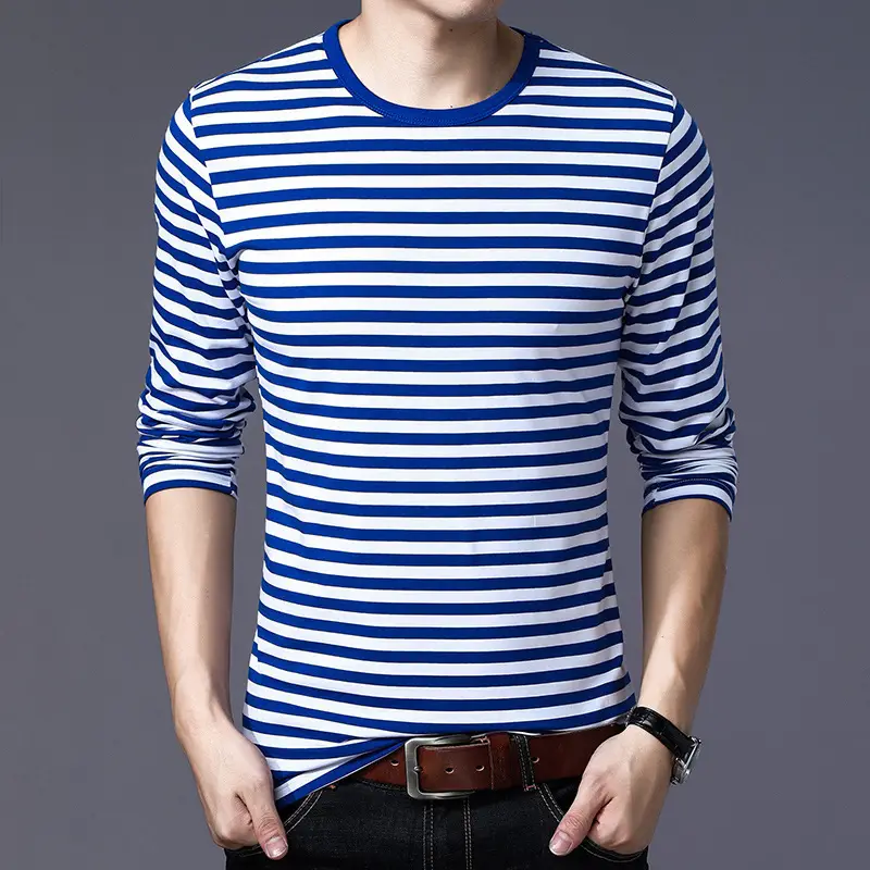 Men Cotton Striped T-Shirt Green White Large - Image 5