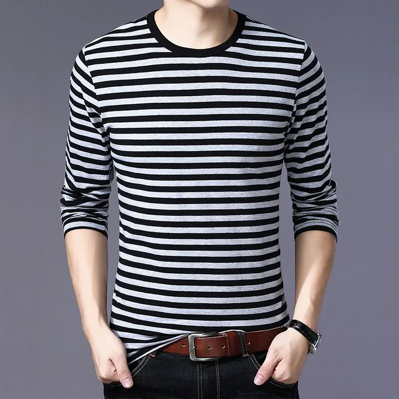 Men Cotton Striped T-Shirt Green White Large - Image 7