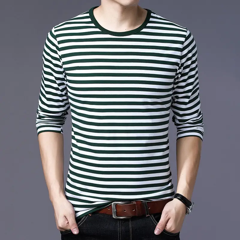 Men Cotton Striped T-Shirt Green White Large - Image 8