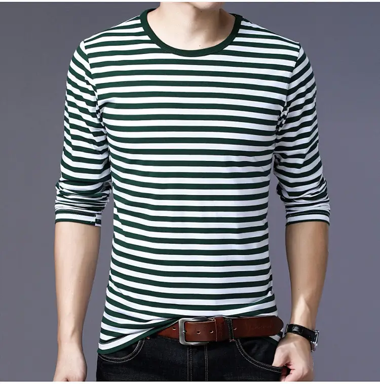 Men Cotton Striped T-Shirt Green White Large — feature 20