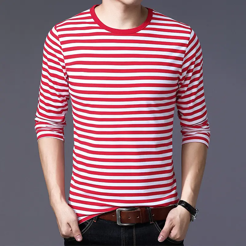 Men Cotton Striped T-Shirt Green White Large - Image 2