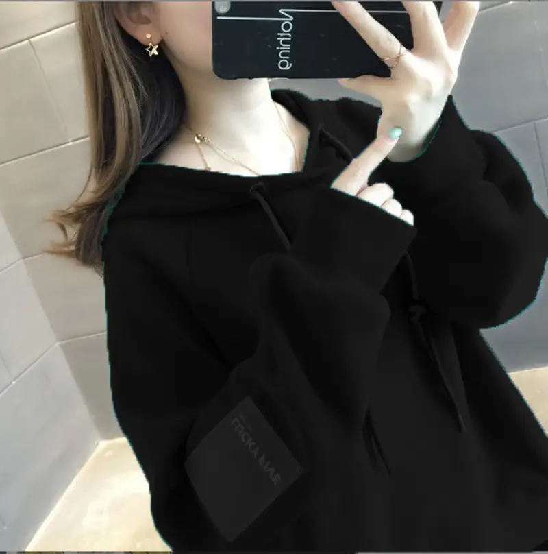 Women Black Hoodie 2023 Spring Loose College Style - Image 8