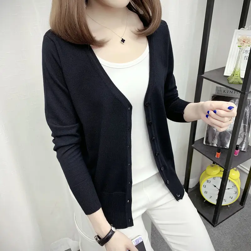 Women's Light Blue Knitted V-Neck Cardigan Short Top - Image 23