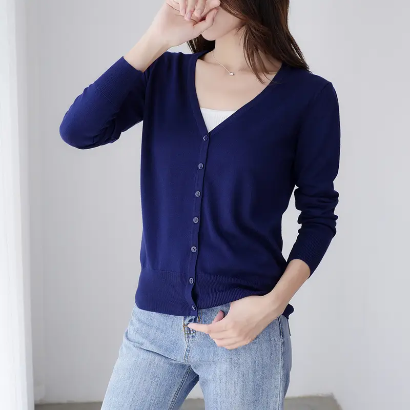 Women's Light Blue Knitted V-Neck Cardigan Short Top - Image 24