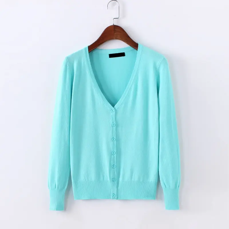 Women's Light Blue Knitted V-Neck Cardigan Short Top - Image 17