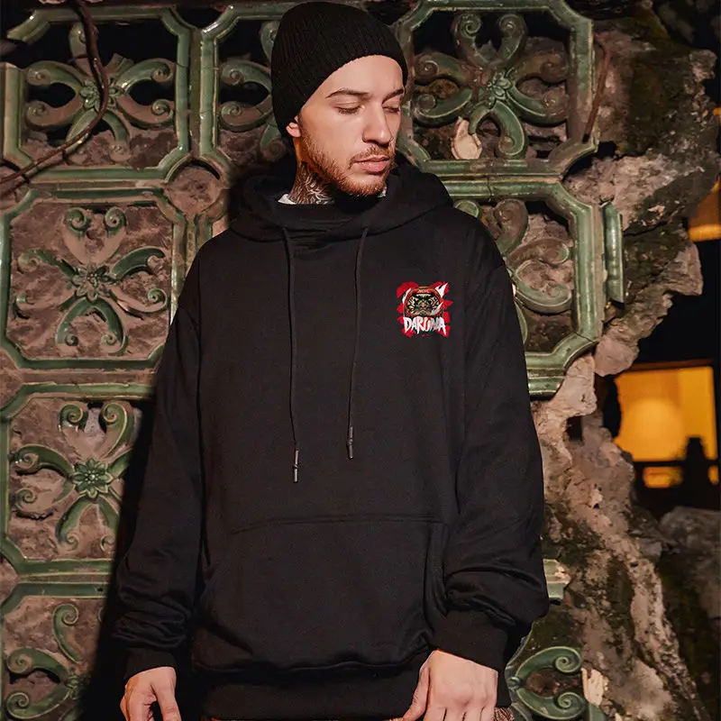 Men Hoodie Black Chinese Lion Print Large - Image 8