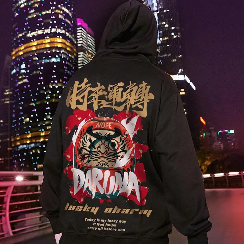 Men Hoodie Black Chinese Lion Print Large - Image 9