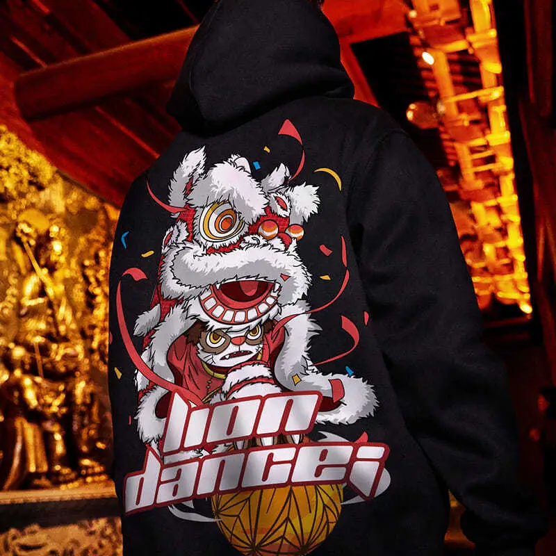 Men Hoodie Black Chinese Lion Print Large - Image 4