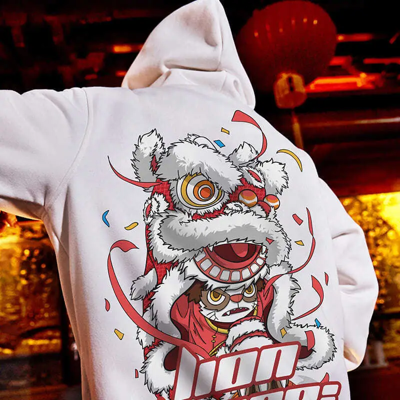 Men Hoodie Black Chinese Lion Print Large - Image 5