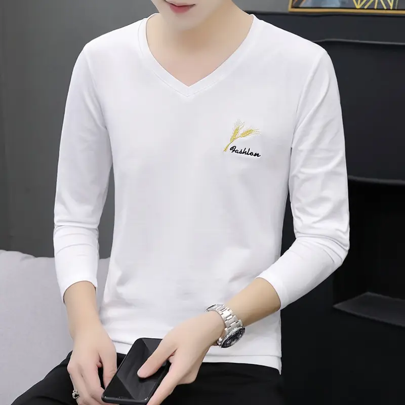 Men Grey V Neck Cotton Long Sleeve T-Shirt