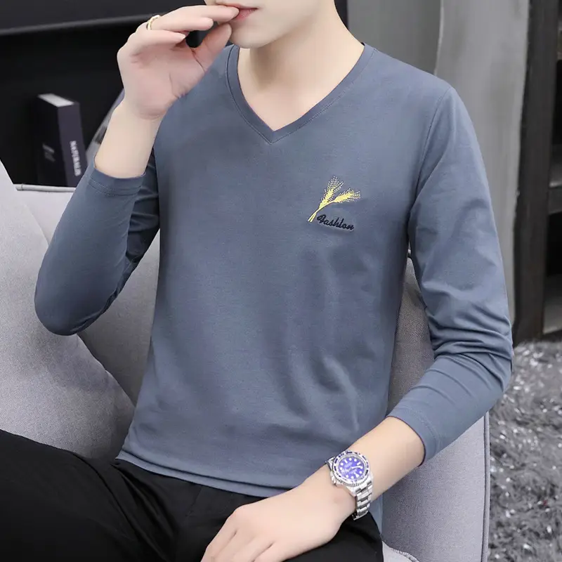 Men Grey V Neck Cotton Long Sleeve T-Shirt