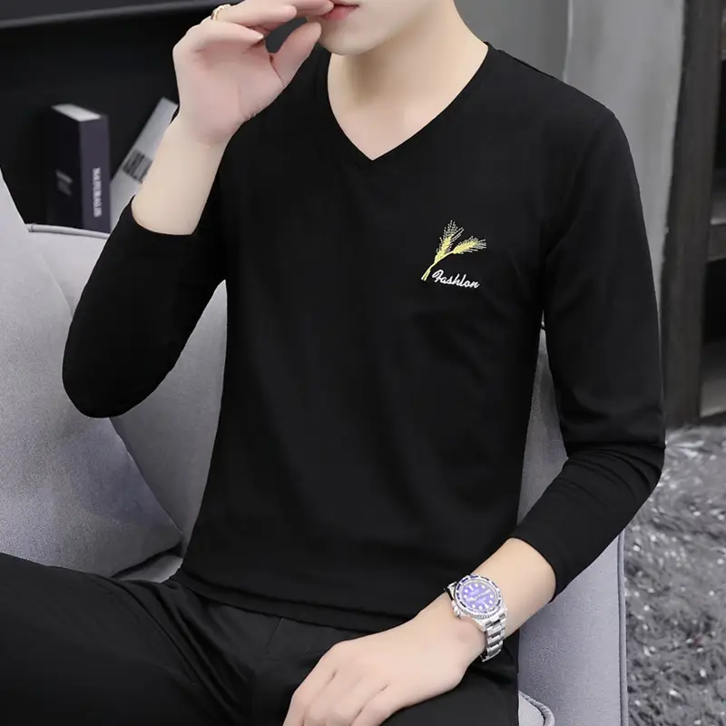 Men Grey V Neck Cotton Long Sleeve T-Shirt