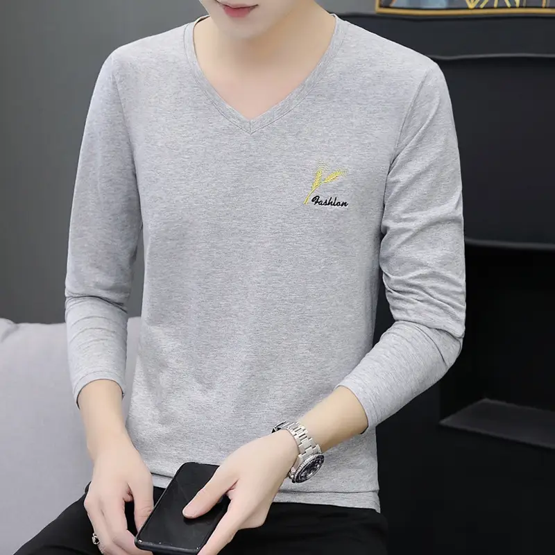 Men Grey V Neck Cotton Long Sleeve T-Shirt