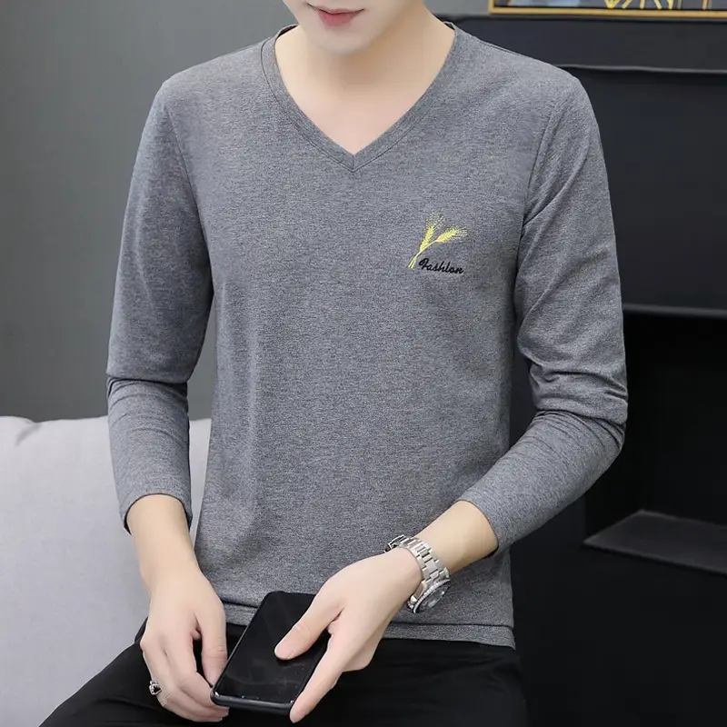 Men Grey V Neck Cotton Long Sleeve T-Shirt