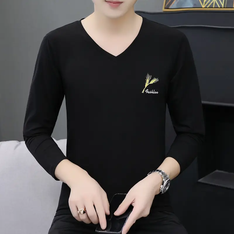 Men Grey V Neck Cotton Long Sleeve T-Shirt