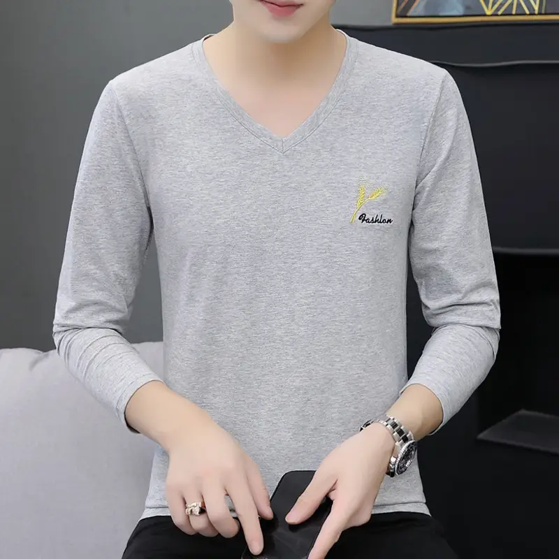 Men Grey V Neck Cotton Long Sleeve T-Shirt