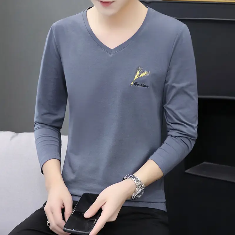Men Grey V Neck Cotton Long Sleeve T-Shirt