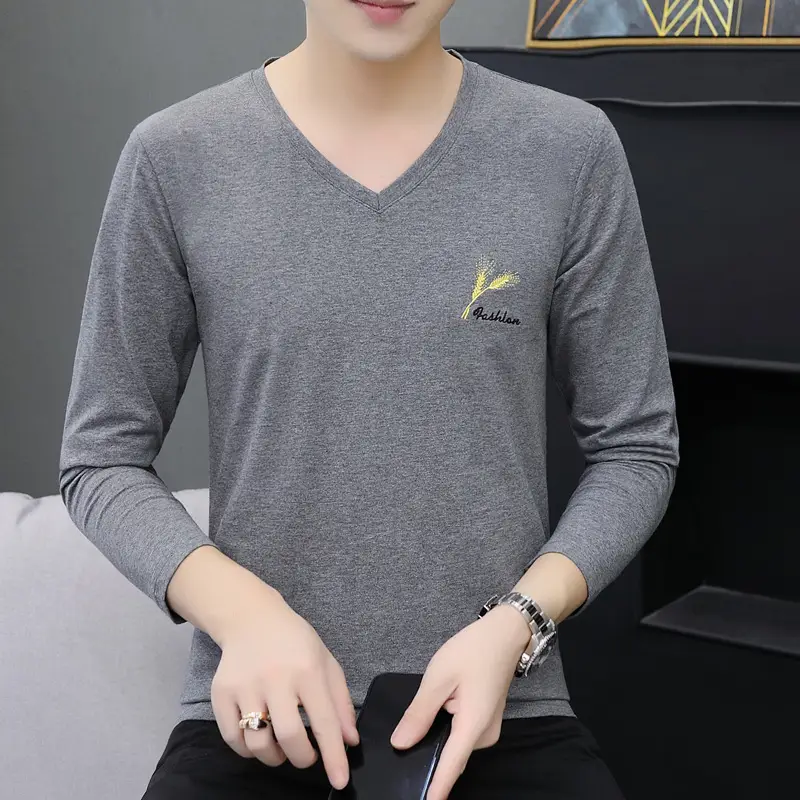 Men Grey V Neck Cotton Long Sleeve T-Shirt