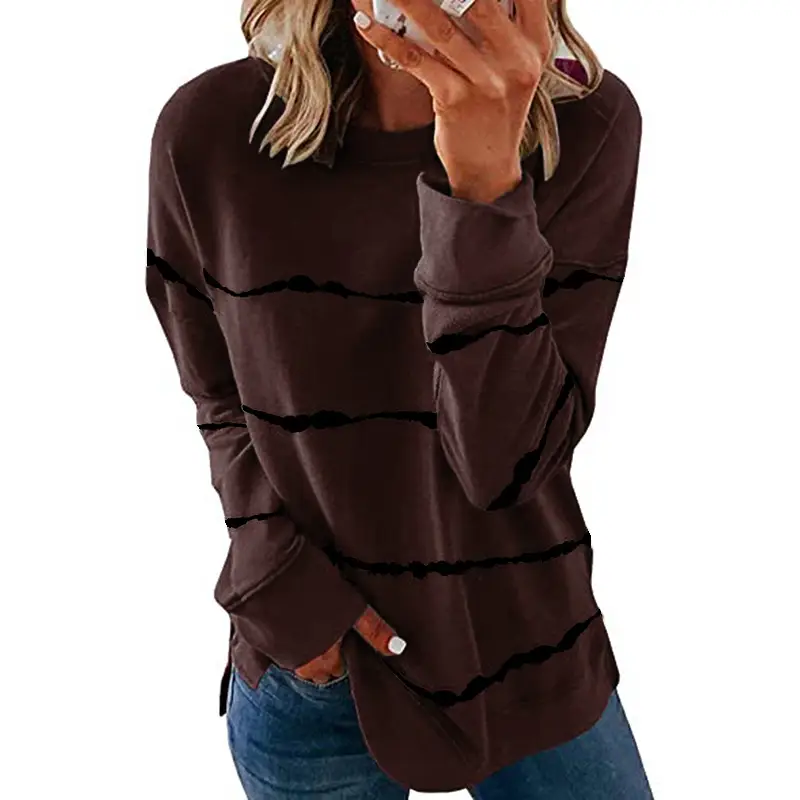 Women's Green Printed Long Sleeve T-Shirt with White Stripes