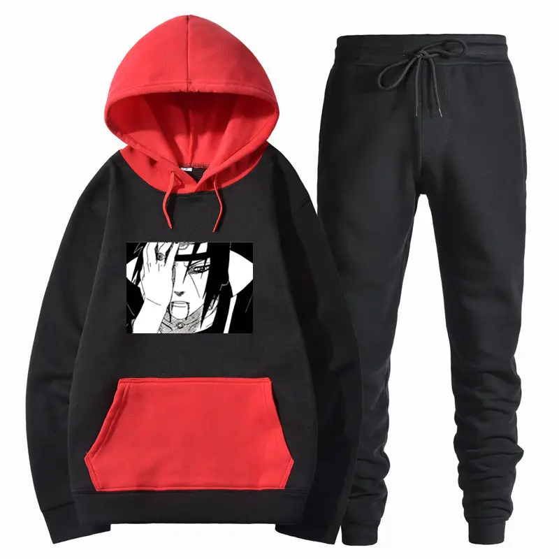 Men Harajuku Hoodie Set Black Red Gray Winter College
