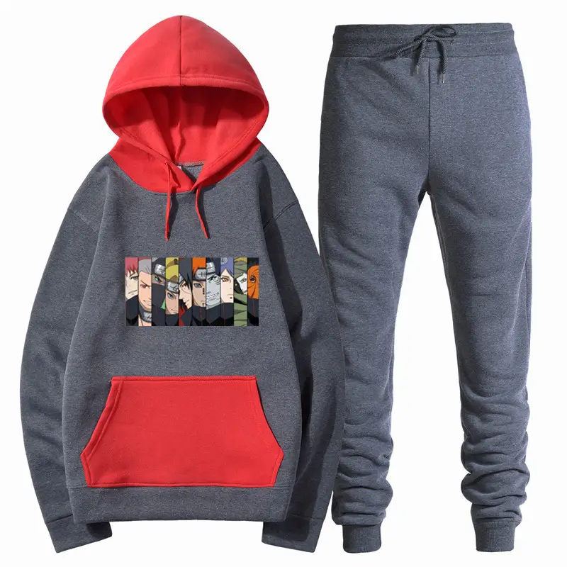 Men Harajuku Hoodie Set Black Red Gray Winter College