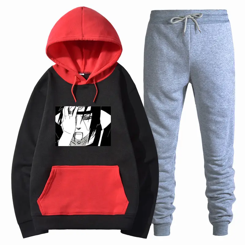 Men Harajuku Hoodie Set Black Red Gray Winter College