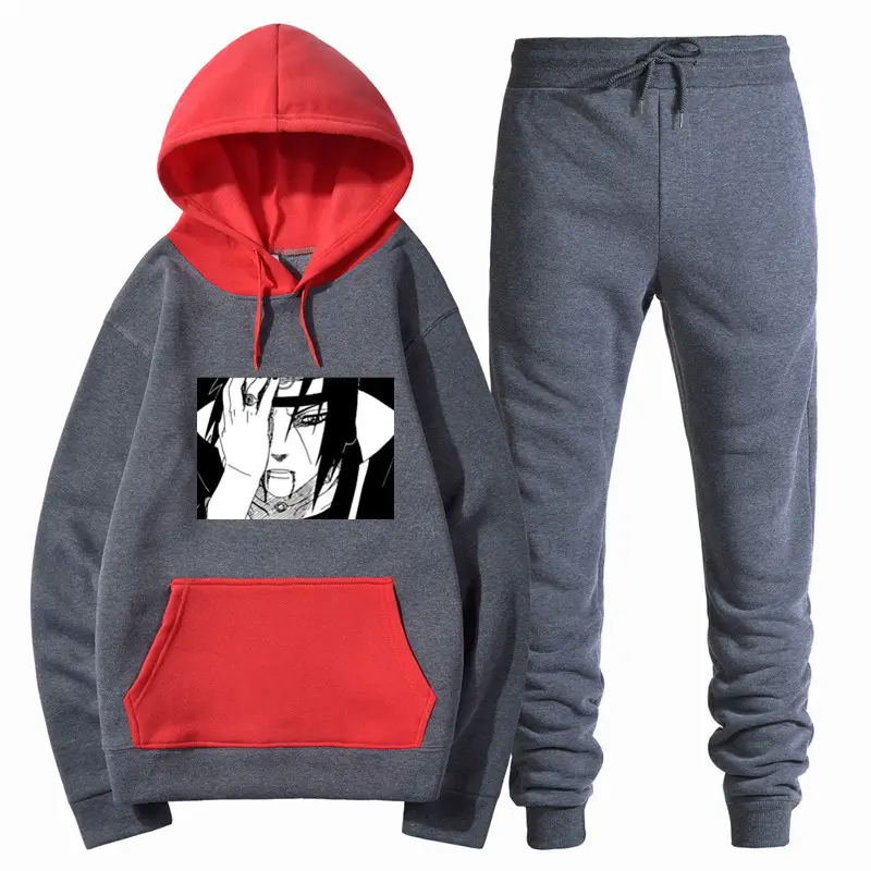 Men Harajuku Hoodie Set Black Red Gray Winter College