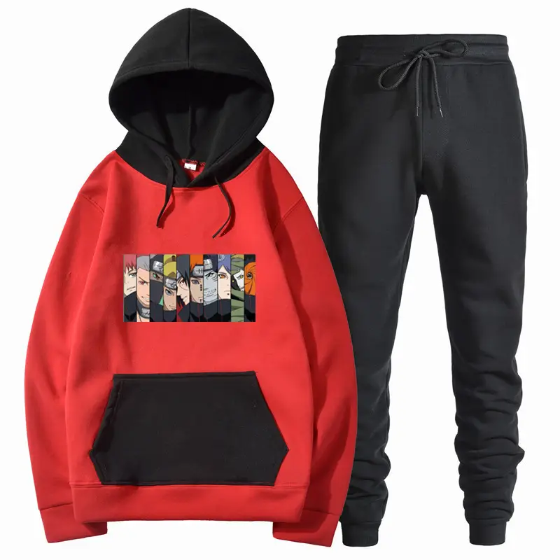 Men Harajuku Hoodie Set Black Red Gray Winter College