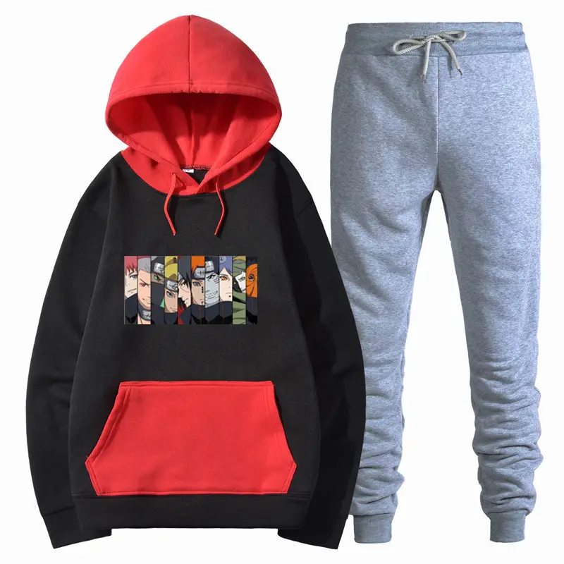 Men Harajuku Hoodie Set Black Red Gray Winter College