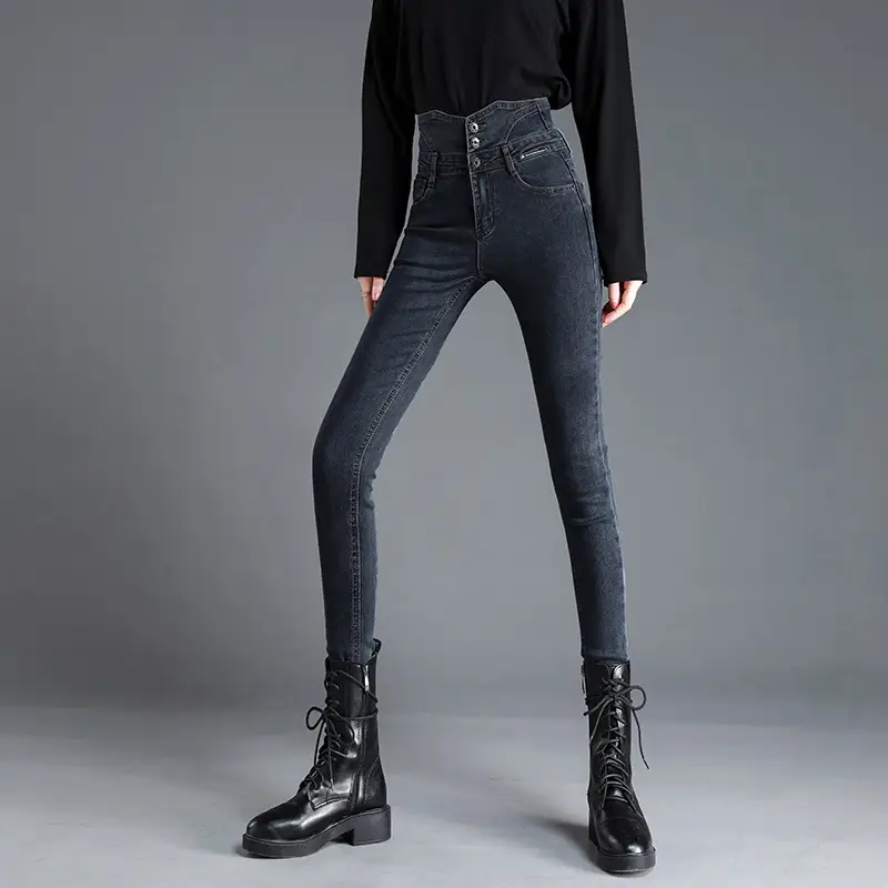 High Waist Slim Fit Button Jeans Women Winter 2023