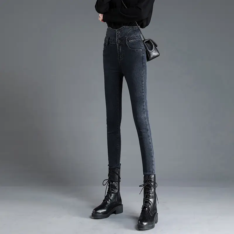 High Waist Slim Fit Button Jeans Women Winter 2023