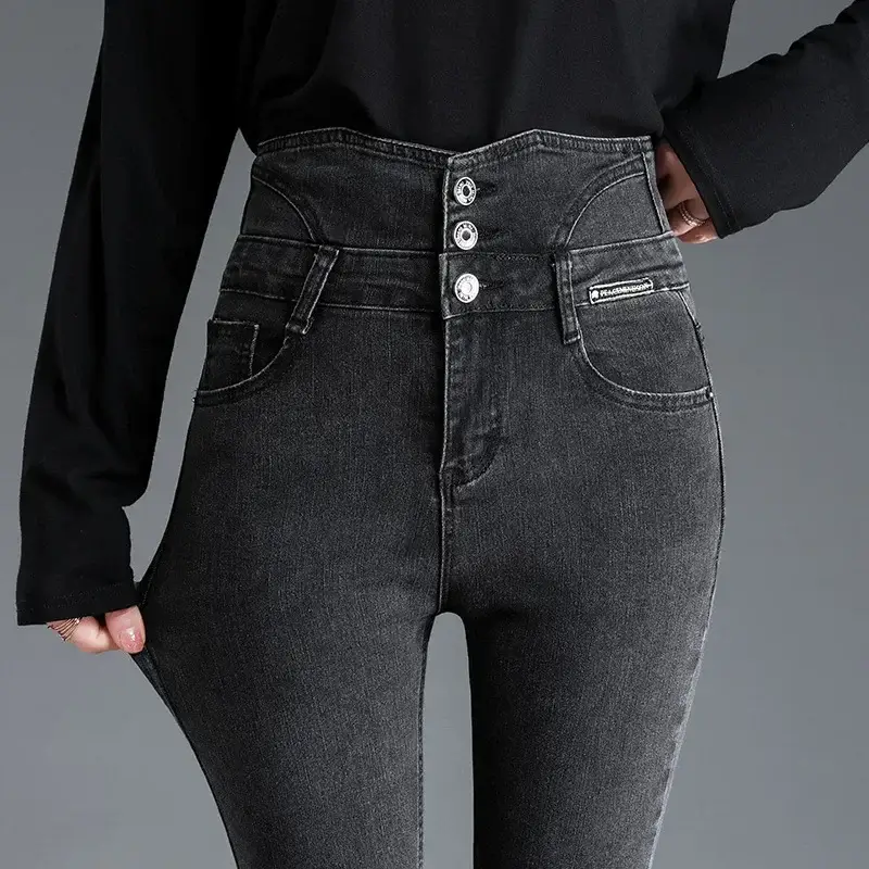 High Waist Slim Fit Button Jeans Women Winter 2023