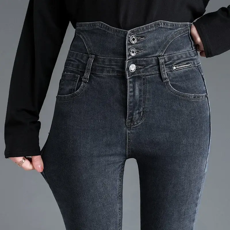 High Waist Slim Fit Button Jeans Women Winter 2023