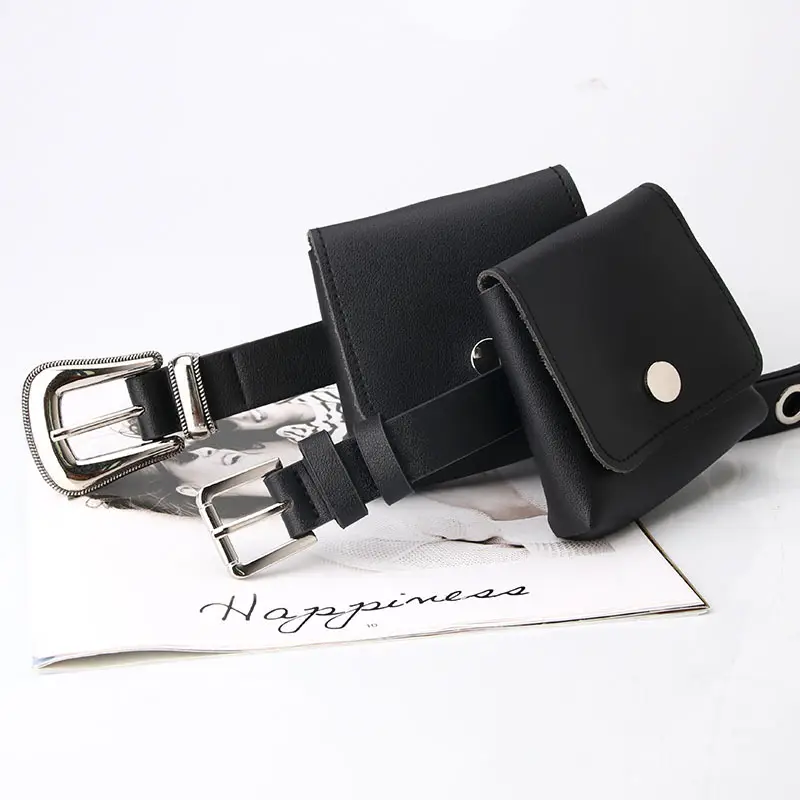 Black Leather Waist Belt with Small Satchel Bag