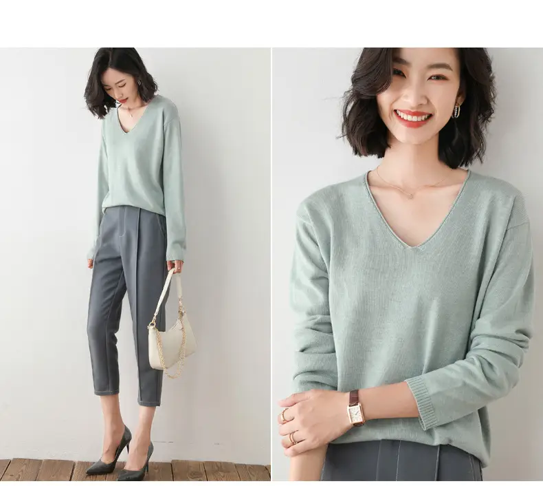 2025 V-Neck Sweater for Women Blue Loose Fit — feature 10