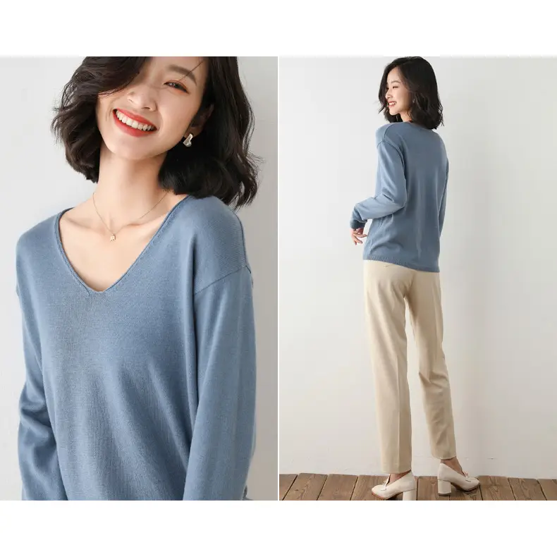 2025 V-Neck Sweater for Women Blue Loose Fit — feature 18