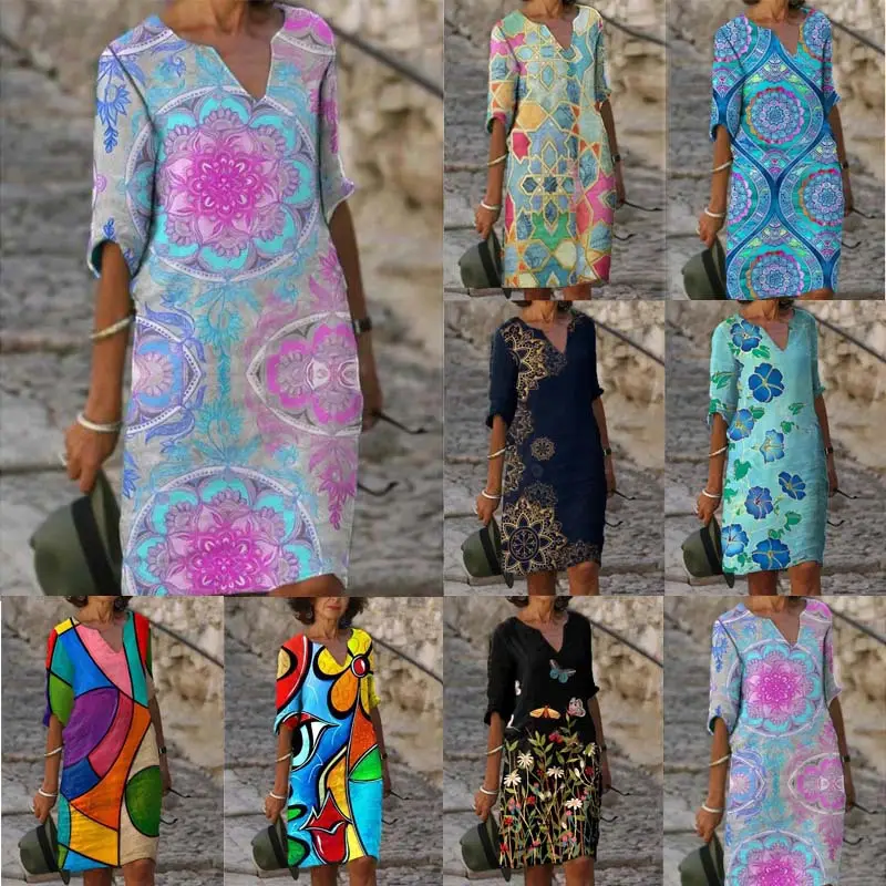 2022 Printed Linen Floral Short Sleeve Women's Dress - Image 10