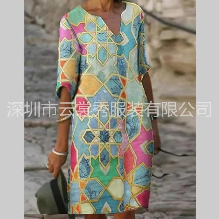 2022 Printed Linen Floral Short Sleeve Women's Dress - Image 11
