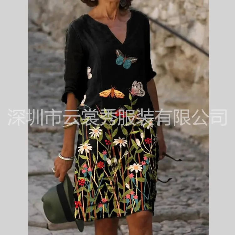 2022 Printed Linen Floral Short Sleeve Women's Dress - Image 13