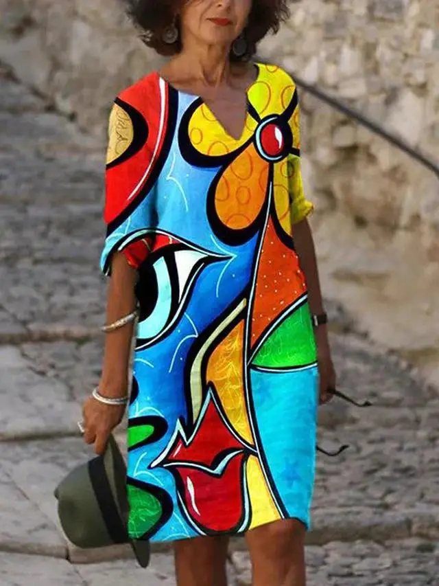 2022 Printed Linen Floral Short Sleeve Women's Dress - Image 3