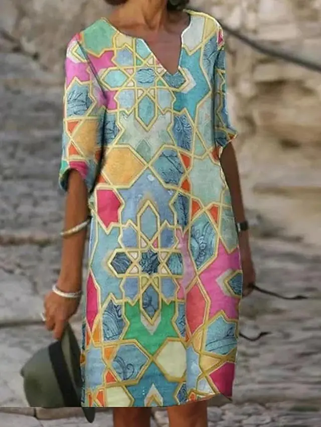 2022 Printed Linen Floral Short Sleeve Women's Dress - Image 4